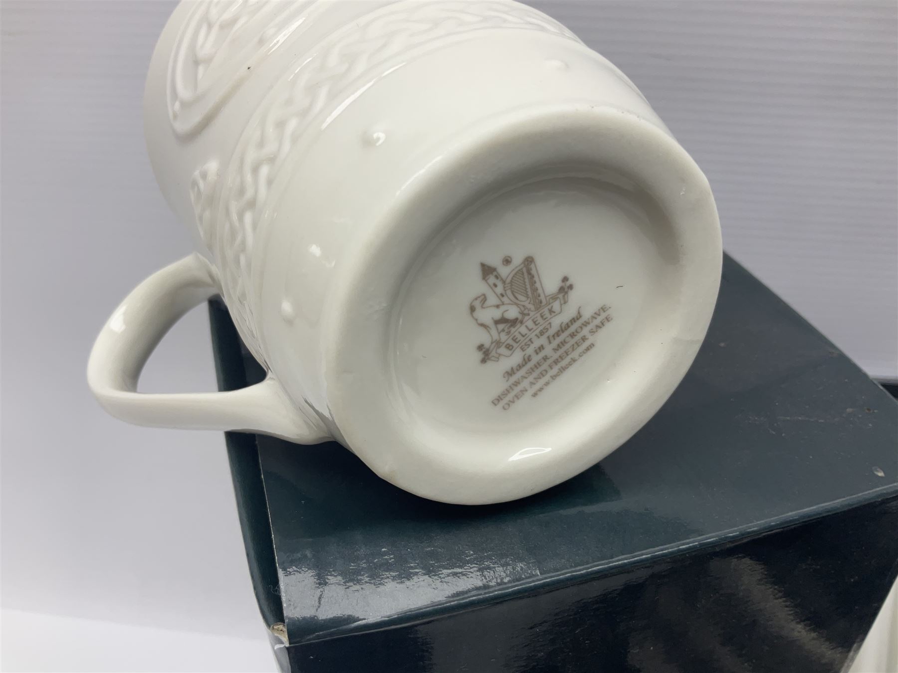 Silver plate including set of six Oneida steak knives with pistol grip handles, in original box, set of six cased cake forks, pair of goblets, etc, together with a pair of Belleek Celtic pattern mugs, 