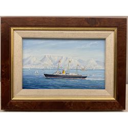 Geoff Hunt RMS (British 1948-): 'HMY Britannia off Table Mountain', oil on board signed and dated '99, titled verso 9cm x 14.5cm