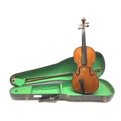 Early 20th century German violin with 36cm two-piece maple back and ribs and spruce top, 61cm overall, in hard carrying case with bow