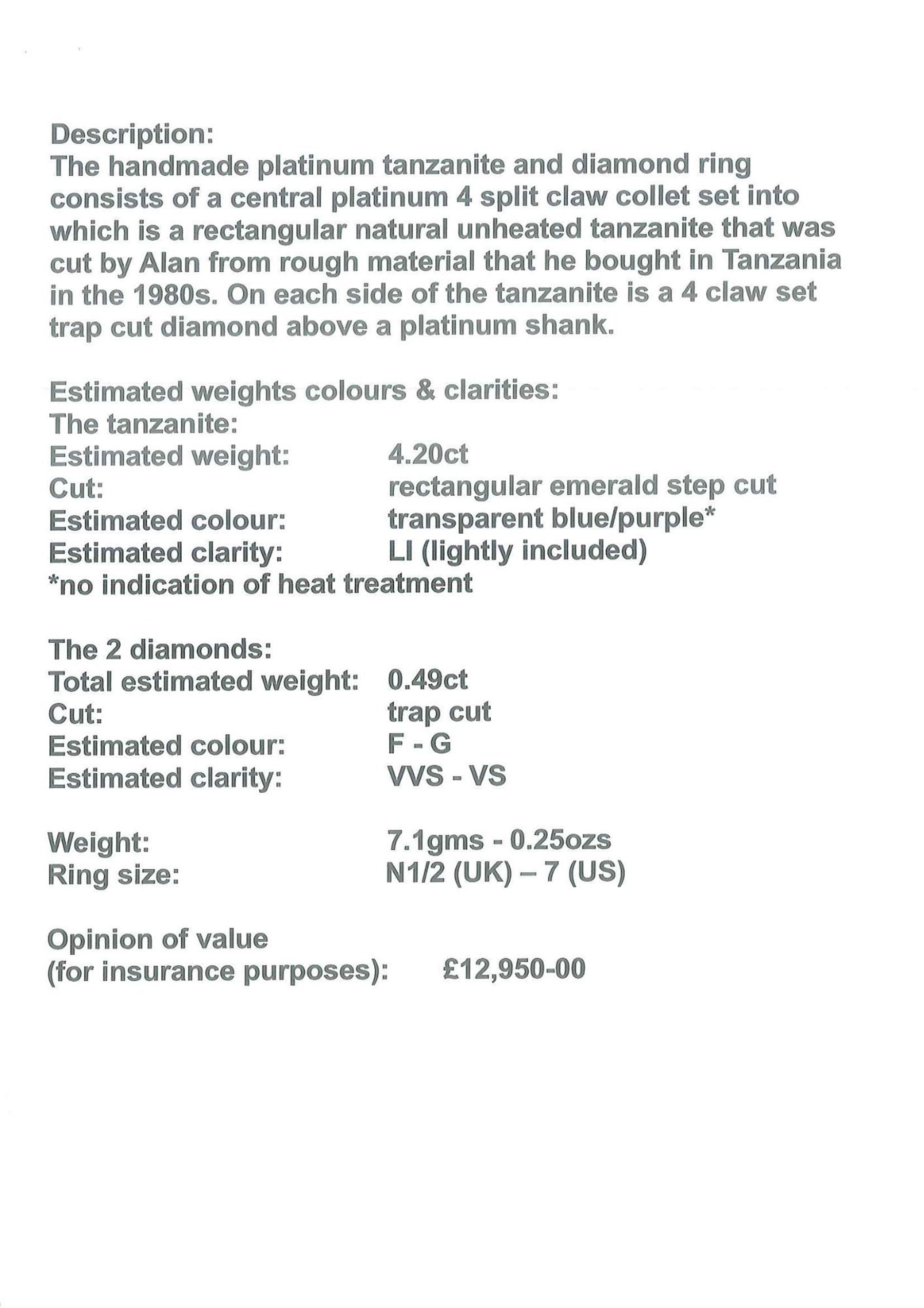 Platinum tanzanite and diamond three stone ring, single emerald cut tanzanite of approx 4.20 carat, with with a single trapeze cut diamond set either side, stamped PT950, total diamond weight approx 0.49 carat, with Alan Poultney Gems report
