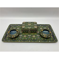 20th century Chinese cloisonne enamel smoking set, comprising two ashtrays, box and tray, with floral and foliate scrolling on green ground