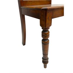 Edwardian mahogany hall chair, broken swan neck cresting rail over pierced and panelled back
