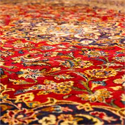 Central Persian Kashan hand-knotted carpet, central field in a ruby red ground with an indigo medallion with pendant motifs, enclosing scrolling arabesques, palmettes, and floral sprays in shades of indigo, turquoise, ivory, and gold, framed by indigo spandrels and a broad floral border between multiple guard stripes 