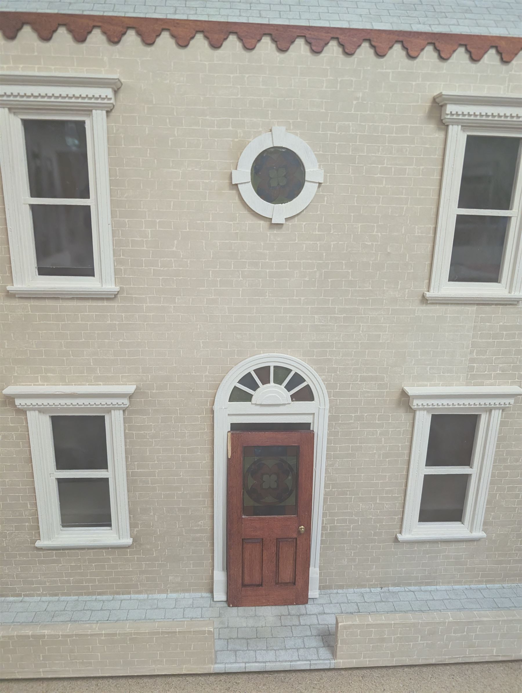 Two storey modern dolls house, with a collection of dolls house furniture and accessories, dolls house H66cm