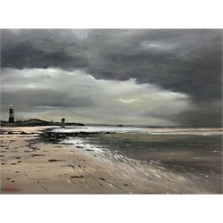 Nick Matson (British Contemporary): Lighthouses at Spurn Point with a Storm approaching, oil on canvas signed 76cm x 101cm (unframed)
Provenance: commissioned by the vendor from the Beverley based artist in 2017