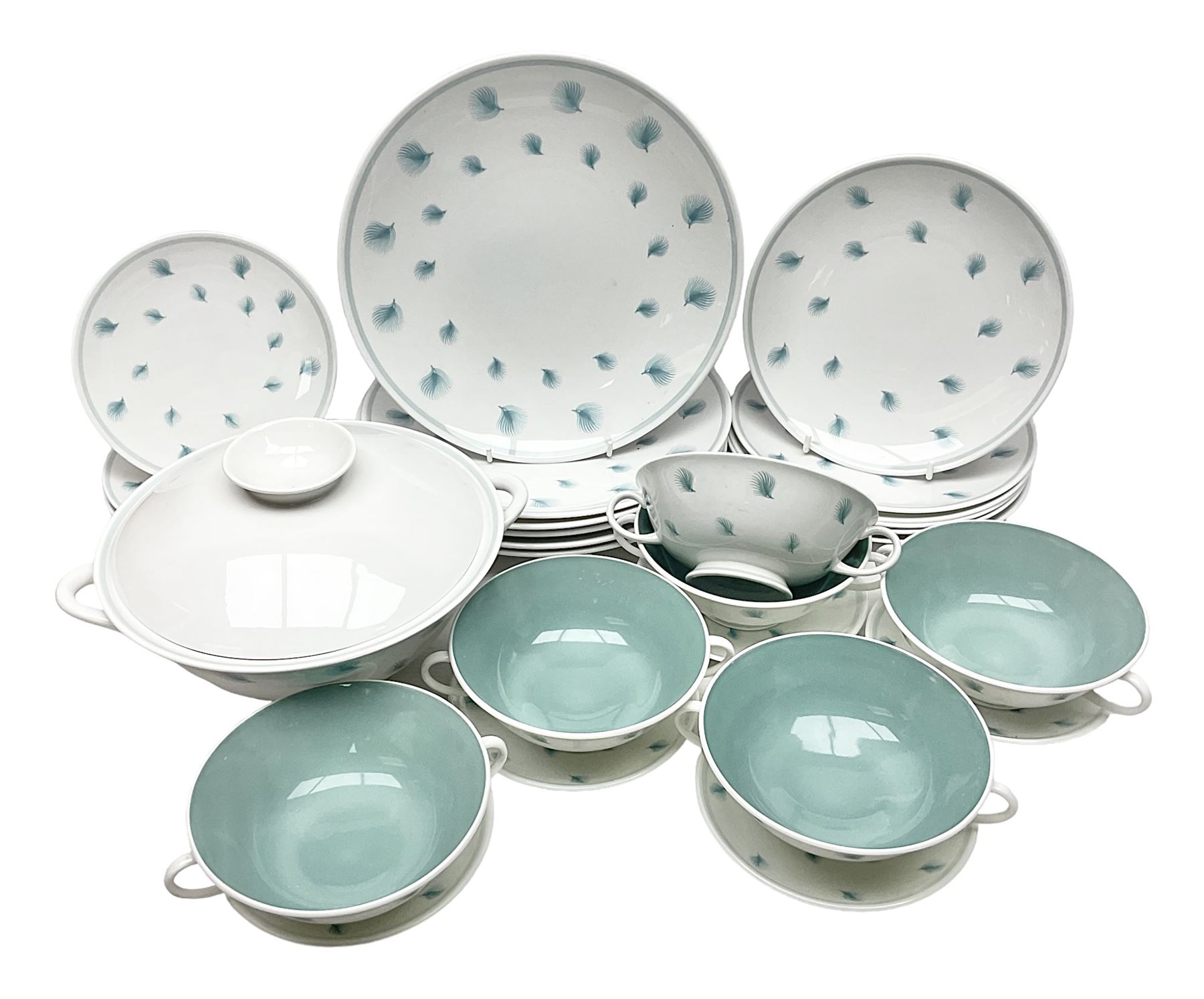Susie Cooper Whispering Grass pattern dinner wares, to include tureen with cover, six twin handled soup bowls, dinner plates and side plates, etc 