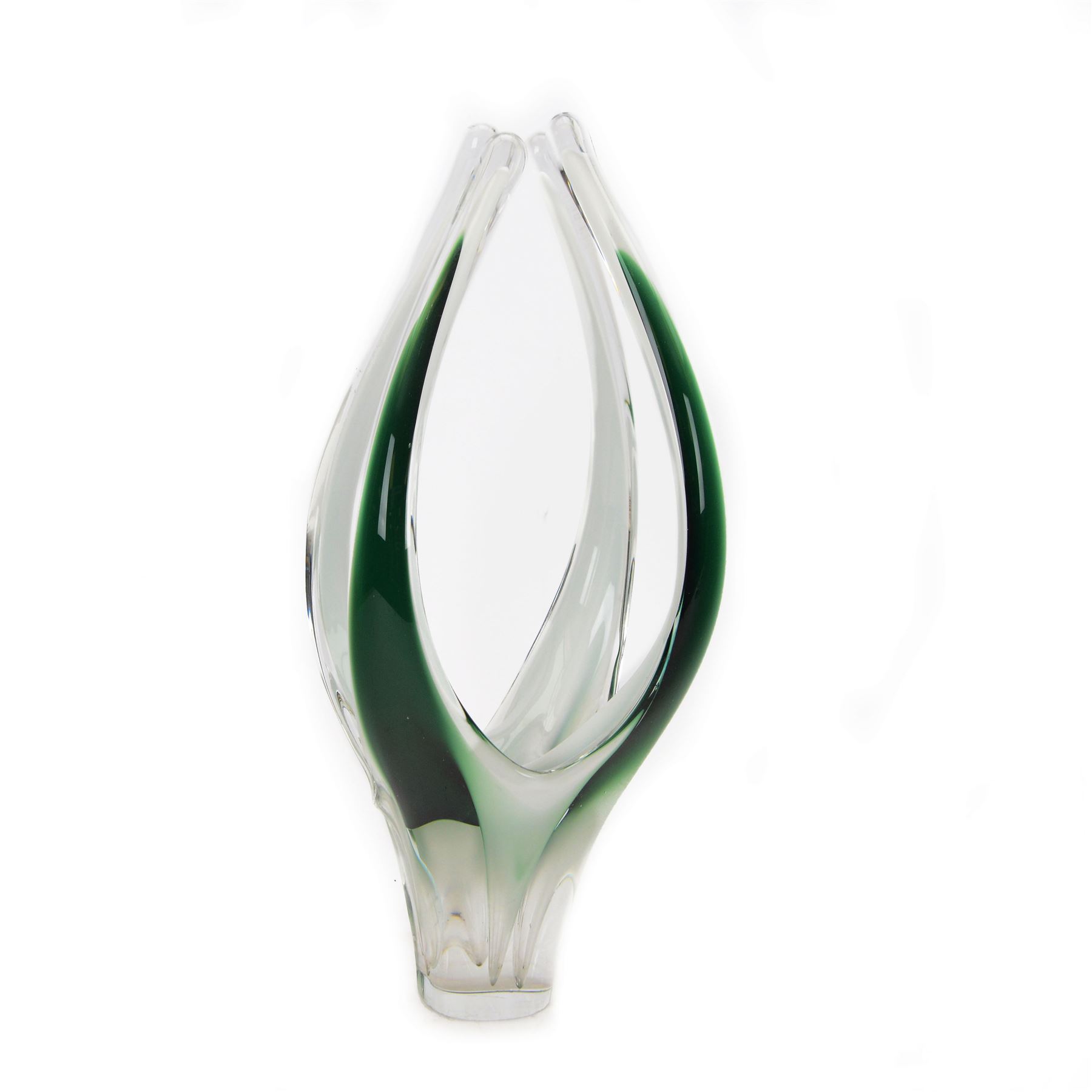 Mid 20th century Paul Kedelv for Flygsfors Coquille glass vase, with  four green and white drawn points rising from a circular base, engraved with signature and date beneath, H43cm