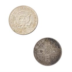 Two Queen Victoria silver one crown coins, 1889 and 1890, George III 1817 silver half crown, King George V 1935 silver half crown, and seven further coins