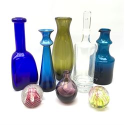 Kosta Boda decanter bottle, c1960, designed by Erik Höglund (1932-1998), in a triangular pressed form, engraved pattern number H1250/250, a clear glass decanter with bubble inclusion, probably Kosta Boda, two Scandinavian glass vases, ochra glass vase, Isle of Wight glass paperweight, Caithness glass paperweight & vase (8)