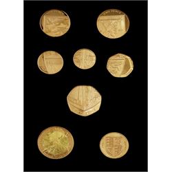 Queen Elizabeth II 2015 'The Fourth Circulating Coinage Portrait Final Edition' and 'The Fifth Circulating Coinage Portrait First Edition' comprising 22ct gold one penny, two pence, five pence, ten pence, twenty pence, fifty pence, one pound and two pound coins, cased with certificate