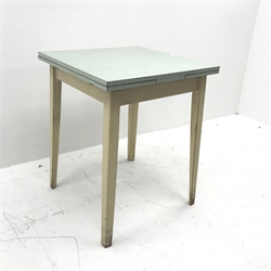Vintage Formica drawer leaf extending kitchen table, square tapering supports, W107cm, H77cm, D61cm