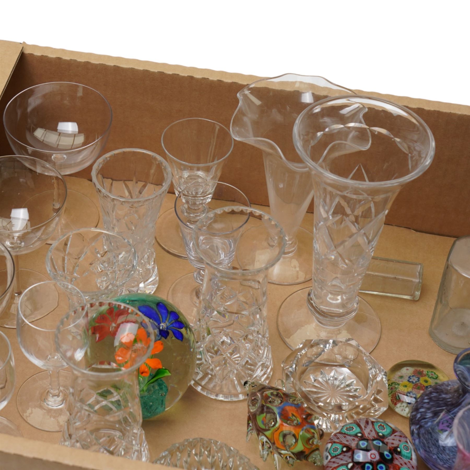 Pair of small glass decanters of annulated design, small glass and gilt metal three tier stand, various paperweights , Stuart crystal vase and other glass