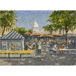 William Burns (British 1923-2010): 'A Street Cafe Montmartre', oil on board signed, titled verso 25cm x 34cm (unframed)
Provenance: direct from the artist's family. Born in Sheffield in 1923, William Burns RIBA FSAI FRSA studied at the Sheffield College of Art, before the outbreak of the Second World War during which he helped illustrate the official War Diaries for the North Africa Campaign, and was elected a member of the Armed Forces Art Society. On his return to England, he studied architecture at Sheffield University and later ran his own successful practice, being a member of the Royal Institute of British Architects. However, painting had always been his self-confessed 'first love', and in the 1970s he gave up architecture to become a full-time artist, having his first one-man exhibition in 1979.