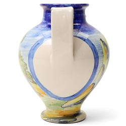 Italian maiolica wet drug jar inscribed 'Ol Mastica' 20th century, painted with putto, church buildings etc H22cm