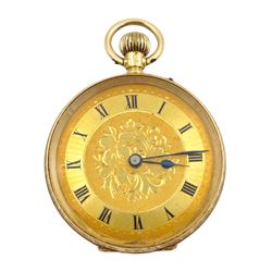 12ct gold open face ladies keyless cylinder fob watch, gilt dial with Roman numerals, engine turned and engraved back case with cartouche, case by Stockwell & Co, London import mark 1915