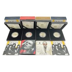 Four The Royal Mint United Kingdom 2020 one ounce fine silver coins, comprising two 'Queen', 'Elton John' and 'David Bowie', all cased with certificates 