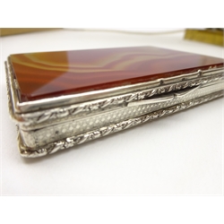 Continental silver and orange banded agate rectangular box with hinged lid and gilded interior, stamped '900', makers mark 'F.C' 8cm x 5.5cm