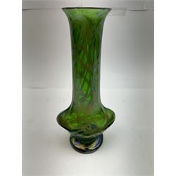 Three Austrian Art Nouveau green iridescent glass vases, to include two Pallme-Konig examples and a Kralik example, each with threaded vein decoration, tallest H25cm (3)