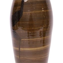 Studio pottery vase by Menston Art Pottery, decorated with brown and green slipware design, H39cm