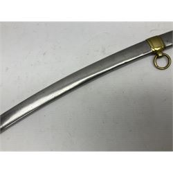 Early 19th century French Lancers officer's sword c1810, the 84cm curving fullered blade retaining most of its bluing, gilding and engraved decoration, inscribed I.S.& C. to ricasso (for Schimelbusch), brass three-bar hilt with elongated elliptical langets and wire-bound leather grip; in polished steel scabbard with two brass suspension rings L100cm overall
