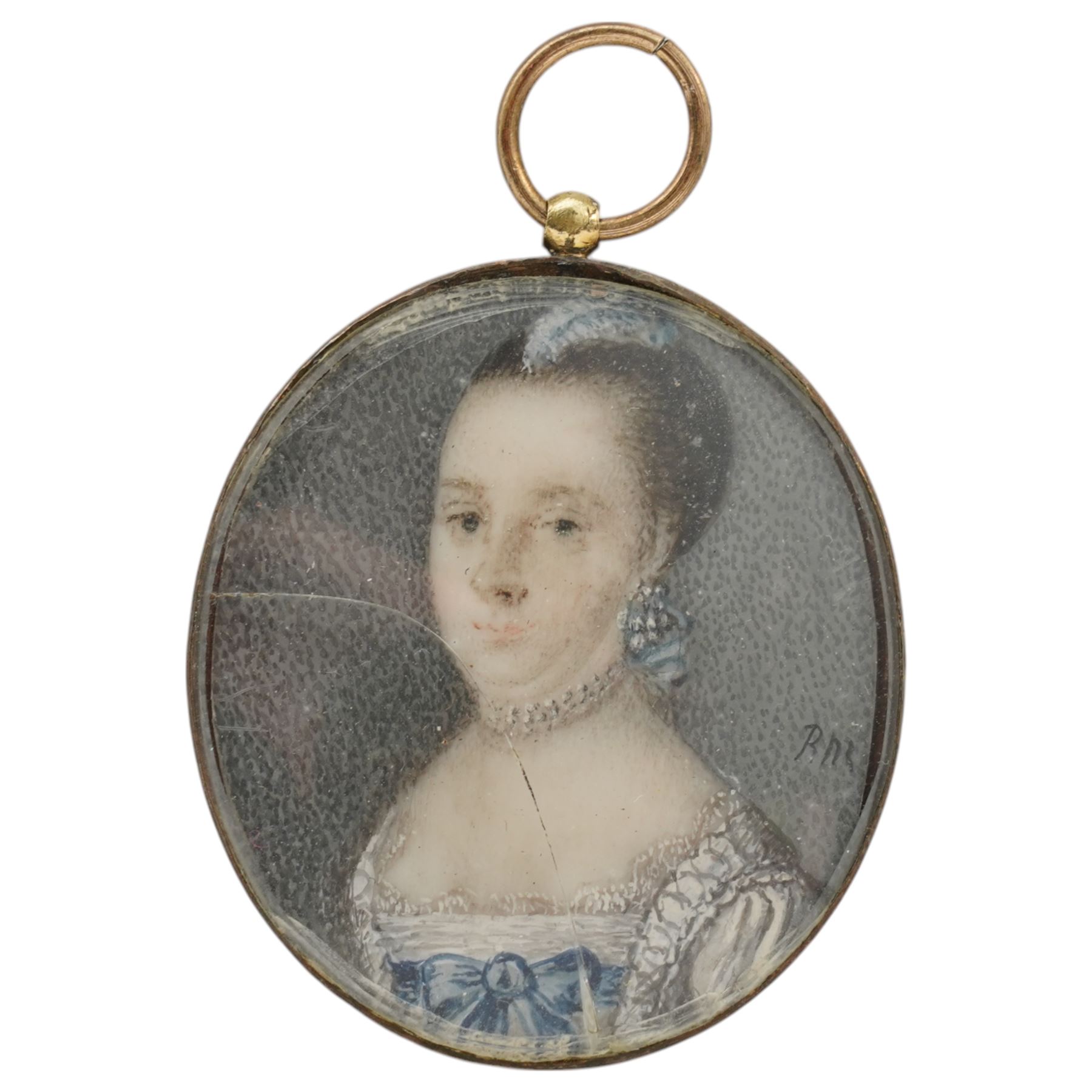 English School (19th Century): Portrait of a Lady with a Blue Feather, miniature watercolour on ivory indistinctly signed, 3.5cm x 3cm  This item has been registered for sale under Section 10 of the APHA Ivory Act
