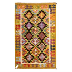 Afghan Maimana flatweave kilim, central field features large bold nested diamond motifs an...