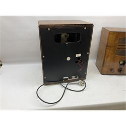 1950s Bush AC41 mahogany cased valve radio, 1930s Philips 588A with walnut veneer case, and 1940s Cossor Model 77, tallest H47cm W36cm D24cm