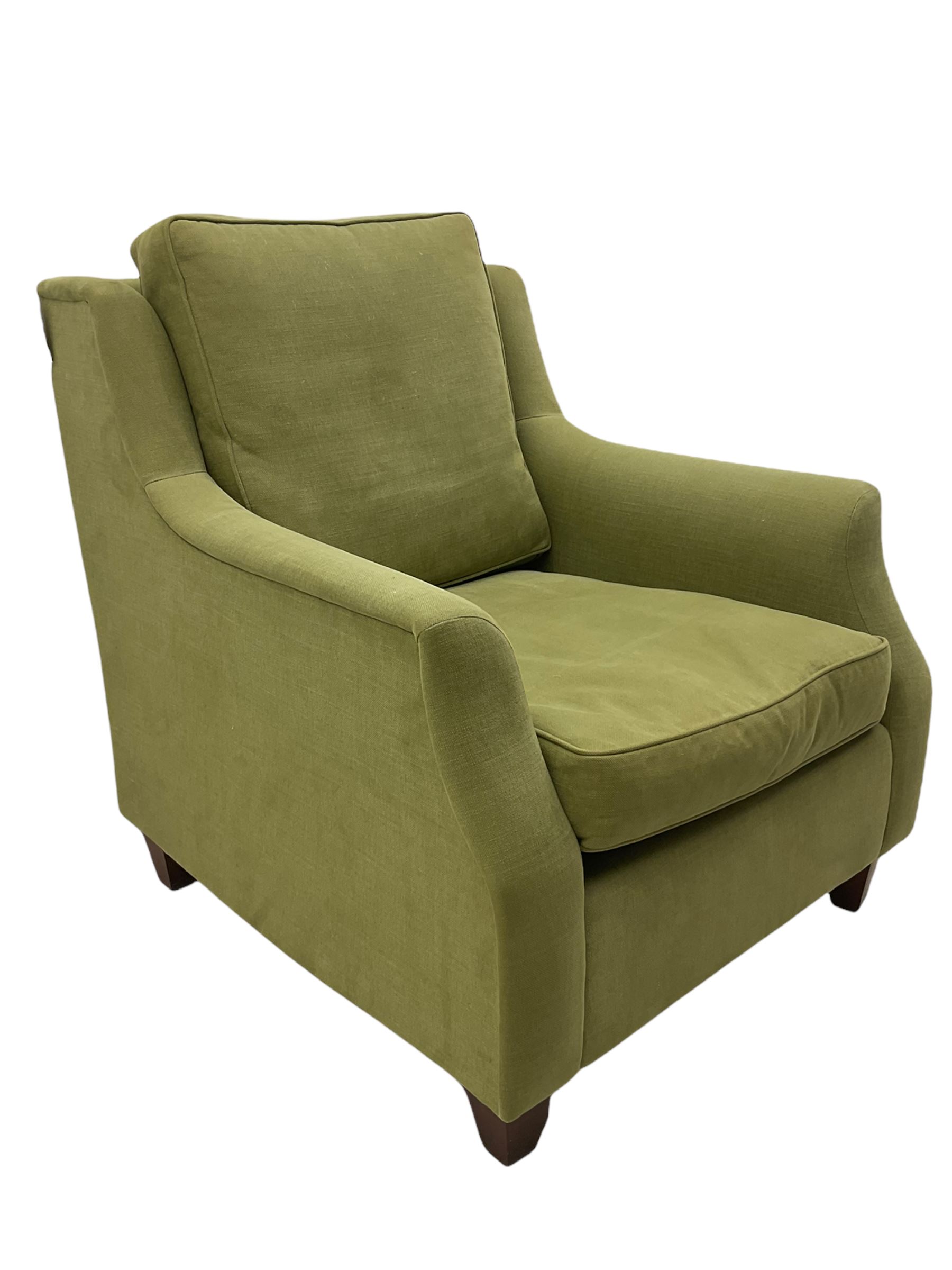 Wesley-Barrell two seat sofa and pair of matching armchairs, upholstered in sage linen fabric
