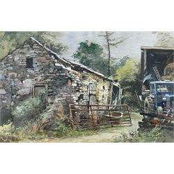 George Busby (Northern British 1926-2005): The Farmyard, watercolour signed and dated '90, 18cm x 27cm