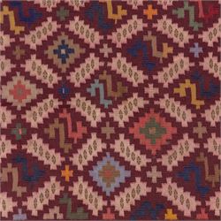 South West Persian Qashgai flatweave kilim, field decorated with a repeating diagonal lattice of stepped lozenges and angular hooked motifs, interspersed with small tribal devices, woven is shade of madder red, soft pink, indigo blue, ochre, and olive green, framed by a narrow geometric border and contrasting guard stripes 