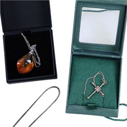 Collection of silver and silver stone set jewellery, including two Pandora rings, cross pendant, brooch, baby bangle, earrings, bracelet and locket, together with a pair of silver plated sugar tongs, jet brooch and copper stamp box