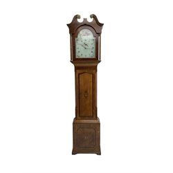 Tobias Fletcher of Barnsley -  late 18th century oak cased 30hr longcase clock with a swans neck pediment, brass paterie and finial, break arch dial flanked by reeded pilasters, trunk with a wavy topped door with inlay and crossbanding, conforming square plinth on decorative base, painted dial with flowers to the break arch and spandrels, Roman numerals, minute track, five minute Arabic's and matching steel hands, chain driven count wheel movement, with weight and pendulum.