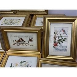 Collection of twenty eight, mostly WWI period embroidered silk greetings cards and postcards, including 'A kiss from France', good luck, sweetheart and Christmas examples, all within modern gilt frames