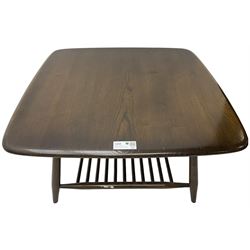 Ercol - elm and beech coffee table, square top on splayed supports united by undertier 