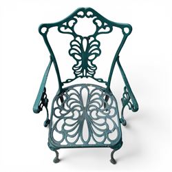 Victorian style cast aluminium garden table and four armchairs chairs in a weathered green finish