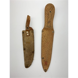 20th century hunting knife with 13cm single edge blade, cast white metal hilt with S-shaped quillon, wrythen grip and eagle head pommel L25cm overall; and another hunting knife with Solingen 12cm blade and simulated stag antler grip, both in leather sheath (2)