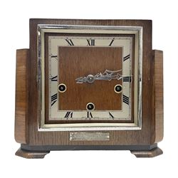 WW2 Home Guard - presentation Enfield oak and walnut cased eight-day chiming mantel clock; bears hallmarked silver plaque 'Presented to Sergeant F.D. Hallam By The Ossett Company Home Guard In Appreciation Of Services Given As Instructor Xmas 1940' H22cm