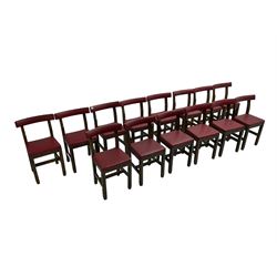 Set fifteen early 20th century oak school chairs, back rail and seat upholstered in claret red faux leather with studwork, raised on square supports united by H-stretcher (15)