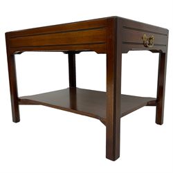 Mahogany side table or end table, the dished rectangular top with moulded edge, fitted with single end drawer, moulded square supports with inner chamfer united by under-tier 