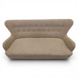 Ernest Race (British 1913-1964) - mid-20th century DA3 wingback settee upholstered in buttoned beige fabric