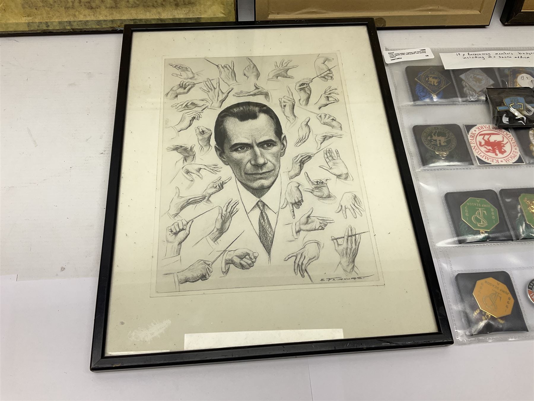 Enamel Horse racing members badges, together with three framed signed racing characters jockey prints, including Steve Smith Eccles, Willie Shoemaker and Greville Starkey, and one other print