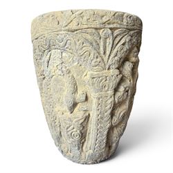 Cast stone Romanesque design urn of tapering form, decorated in relief with motifs of zoomorphic figures and swans within foliate and guilloche cast architectural arches with Neoclassical columns, in weathered finish