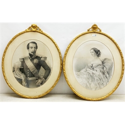 Continental School: 'Napoleon III' & 'Princess Eugenie', pair 19th century oval engravings 46cm x 39cm in gilt frames