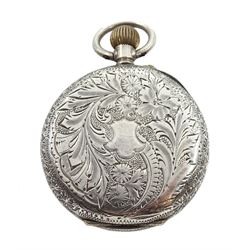 Early 20th century Swiss silver open face keyless cylinder heart shaped fob watch, white enamel dial with gold decoration, engraved back case with cartouche, both movement and case stamped G.W., case No. 75722, hallmarked 