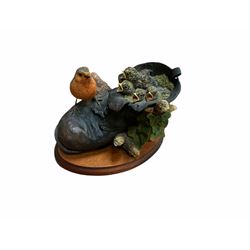 Border fine arts figures, Pick of the litter, model no JH30, by Ray Ayres L26cm, Tug of war, model no JH61, by D Walton H11.5cm and Robin with chicks in boot, model no RB45, by by Ray Ayres H11cm.  