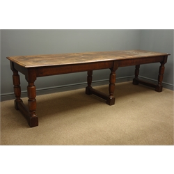  19th century mahogany refectory dining table, six turned supports with three stretchers, W77cm, H76cm, L275cm  