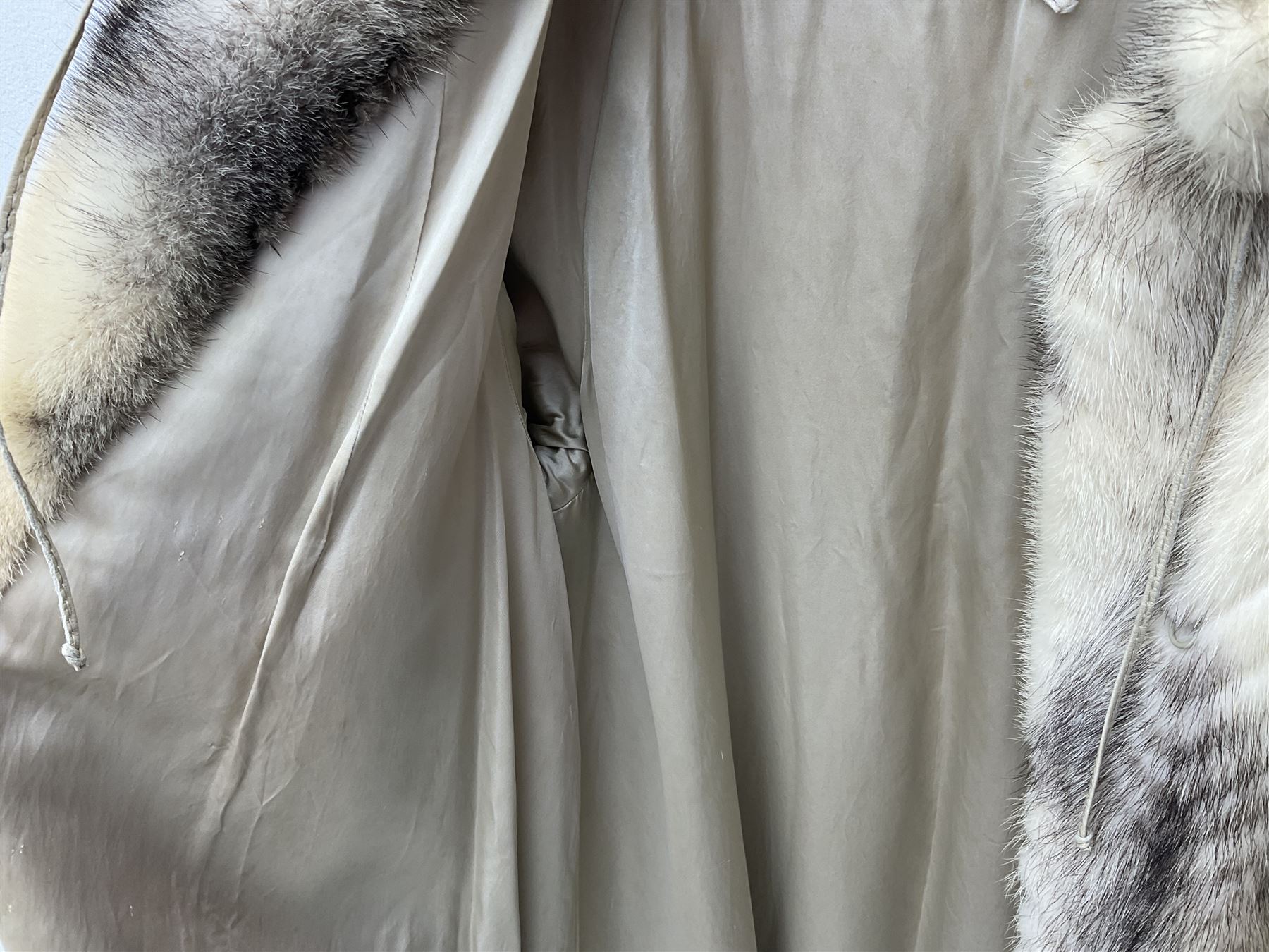 Saga mink full length fur coat, with chevron patterning to sleeves and body, with label to lined interior, approx size 12