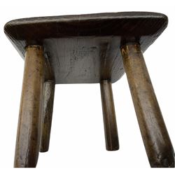 Two 18th Century small scale pieces of furniture, comprising table with an elm top and fruit tree legs H12.5cm and a stool with an elm top and fruit tree legs H22cm.  