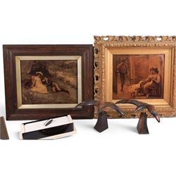 Two framed crystoleums, together with leather blotter, bee hive bell, art deco dominos and other collectables 