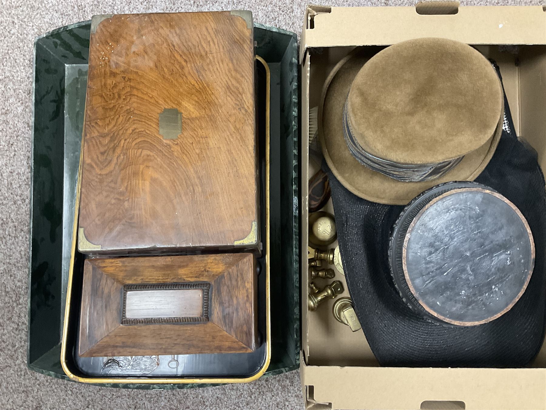 Collection of silver plate, including sugar shaker, teapot etc, together with tea caddy, writing box and other collectables 